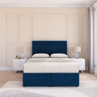 Sloomy Kansas Plush Fabric Ottoman Bed End Opening With Sprung Memory Mattress & 54 Inch Floorstanding Headboard in Navy | Size: Small Double
