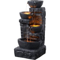 Garden Outdoor Water Feature 4 Tier Cascading Bowl Water Fountain Warm LED Lights Dark Grey
