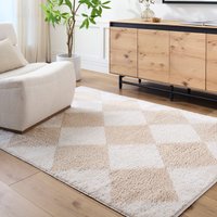 Fossay Shag Washable Beige Brown Grey High Pile Diamond Living Rug cm x 200 cm