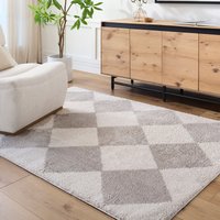 Fossay Shag Washable Beige Brown Grey High Pile Diamond Living Rug Mid Grey cm x 200 cm