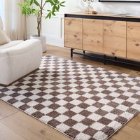 Fossay Shag Washable Beige Brown Grey High Pile Checkered Living Rug Dark Brown cm x 200 cm
