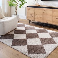 Fossay Shag Washable Beige Brown Grey High Pile Diamond Living Rug Dark Brown cm x 170 cm