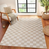Fossay Shag Washable Beige Brown Grey High Pile Checkered Living Rug cm x 170 cm