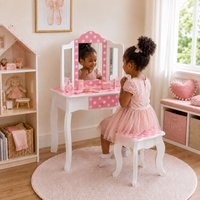Wooden Play Vanity Table Set Polka Dot Pink White