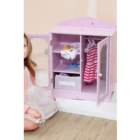 Wooden Doll Wardrobe Drawer Shelves & Hangers Pink