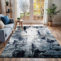 Wanderlust Abstract Blue Grey Modern Marble Living Dining Bedroom Rug Navy cm x 90 cm