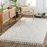 Nora Geometric Ivory High Pile Fringe Living Dining Bedroom Rug Cream cm x 215 cm