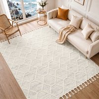 Nora Geometric Grey Ivory High Pile Fringe Living Dining Bedroom Rug cm x 215 cm