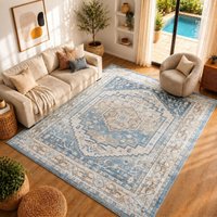Lilian Washable Blue Brown Vintage Traditional Boho Living Dining Rug cm x 215 cm