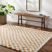 Birmingham Shaggy Grey Brown Checkboard Plush Soft Pile Living Rug Yellow cm x 215 cm