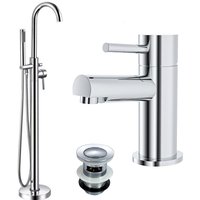 Chrome Basin Mixer Freestanding Bath Shower Mixer & Waste Set