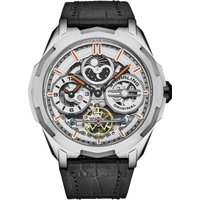 STÜHRLING Original Men's Dual Time Automatic Navigator Watch, 46mm Stainless Steel Case, Dual Time, Skeleton Dial, Sun/Moon Phase Indicator in Silver