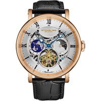 Dual Time Automatic Watch 47mm Case Skeleton Dial Leather Strap Sun Moon AM PM Indicator 5 ATM Water Resistant