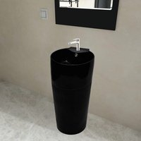 Berkfield Home Ceramic Stand Bathroom Sink Basin Faucet/Overflow Hole Black Round