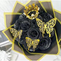 Dragodirect Artificial 12 Blue Rose Flower Bouquet With Glitter Crown Butterfly Wedding Party Decoration in Black