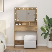 Berkfield Home Dressing Table with LED Lights - Artisan Oak - 79 x 41 x 135 cm in Beige