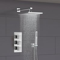 Nes Home Chrome Square 3 Way Triple Thermostatic Valve with Round Shower Head + Handset in Silver