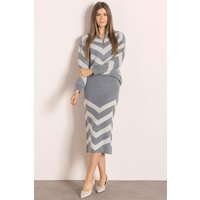 Klass. Women's Chevron Pattern Knitted Midi Skirt in Grey | Size: Large