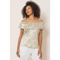 Klass. Women's Metallic Leaf Print Bardot Top in Ecru | Size: 22