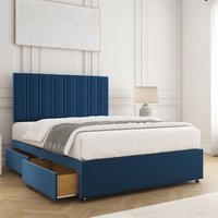 BSSPOKE Sienna Plush Divan Bed Set 24"Headboard 2Drawers Same Side & Mattress in Blue | Size: Small Double