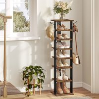 Brown Shoe Rack Wooden Tall Shoe Rack Narrow Shoe Storage Organiser 2 Hooks