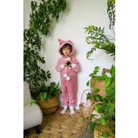 Fox In A Box Girl's Pink Fox Onesie with fluffy PomPoms | Size: 5-6 Years