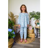 Fox In A Box Girl's Cosmic Moon & Star Cotton Pyjama Set in Blue | Size: 2-3 Years