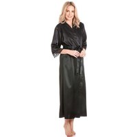 Lady Olga Women's English Made Long Satin Dressing Gown With Lace Detail in Black | Size: 22-24