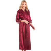 Lady Olga Women's English Made Long Satin Dressing Gown With Lace Detail in Burgundy | Size: 14-16