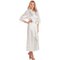 Lady Olga Women's English Made Long Satin Dressing Gown With Lace Detail in Ivory | Size: 8-10