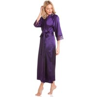 Lady Olga Women's English Made Long Satin Dressing Gown With Lace Detail in Purple | Size: 8-10