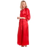 Lady Olga Women's English Made Long Satin Dressing Gown With Lace Detail in Red | Size: 8-10