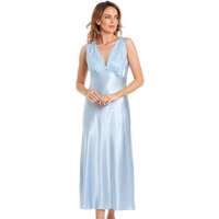 Lady Olga Women's English Made Long Satin Nightdress with Lace Built Up Shoulder in Pale Blue | Size: 10-12