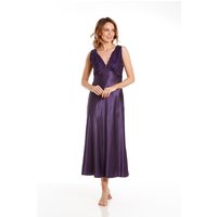 Lady Olga Women's English Made Long Satin Nightdress with Lace Built Up Shoulder in Purple | Size: 14-16