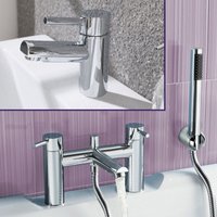 Chrome Round Bridge Deck Mounted Bath Shower Mixer Handset & Basin Single Lever Mixer Tap Set