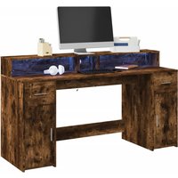 Berkfield Home Desk with LED Lights Smoked Oak 160x55x91 cm Engineered Wood in Brown | Size: 160 x 55 x 91 cm