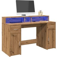 Berkfield Home Desk with LED Lights Artisian Oak 140x55x91 cm Engineered Wood in Brown | Size: 140 x 55 x 91 cm