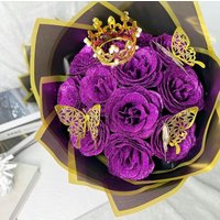 Dragodirect Artificial 12 Blue Rose Flower Bouquet With Glitter Crown Butterfly Wedding Party Decoration in Purple