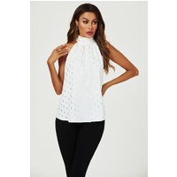 FS Collection Women's Silver Foil Halter Neck Tie Back Top In White | Size: XS