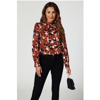 FS Collection Women's Floral Print Long Sleeve High Neck Top in Dark Red | Size: Small