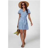 FS Collection Women's Floral Print Hem Tiered Wrap Mini Dress in Blue | Size: Medium