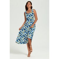 FS Collection Women's Blue Floral Print Heart Neck Midi Dress in White | Size: Large