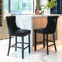 HomeTouch Set of 2 Velvet Bar Stools Kitchen Breakfast Barstools with Wooden Legs in Black | Size: 2 Pack