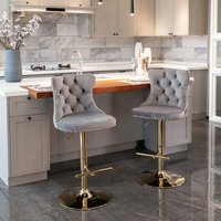HomeTouch Set of 2 Luxury Grey & Gold Velvet Swivel Bar stools | Size: 2 Pack