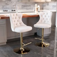 HomeTouch Set of 4 Velvet Upholstered Bar Stools with Adjustable Height in Beige | Size: 4 Pack