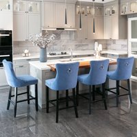 HomeTouch Set of 2 Velvet Bar Stools Kitchen Breakfast with Wooden Legs Blue | Size: 2 Pack
