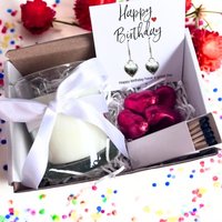 Small Happy Birthday Gift Hamper Heart Earrings Chocolates & Candle