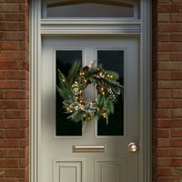 Indoor Outdoor 55cm Pre Lit Berry & Pinecone Eucalyptus Wreath Green