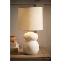 ValueLights Kendal Natural Linen Drum Shade Glazed Ceramic Table Lamp in Off-White
