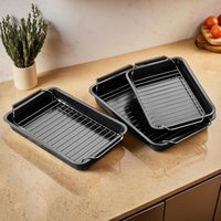 Orsina Set Of Three Roasting Trays With Wire Racks, Enamel Baking Tray Set, Non-Stick Roasting Pan, Luxe Oven Trays in Black